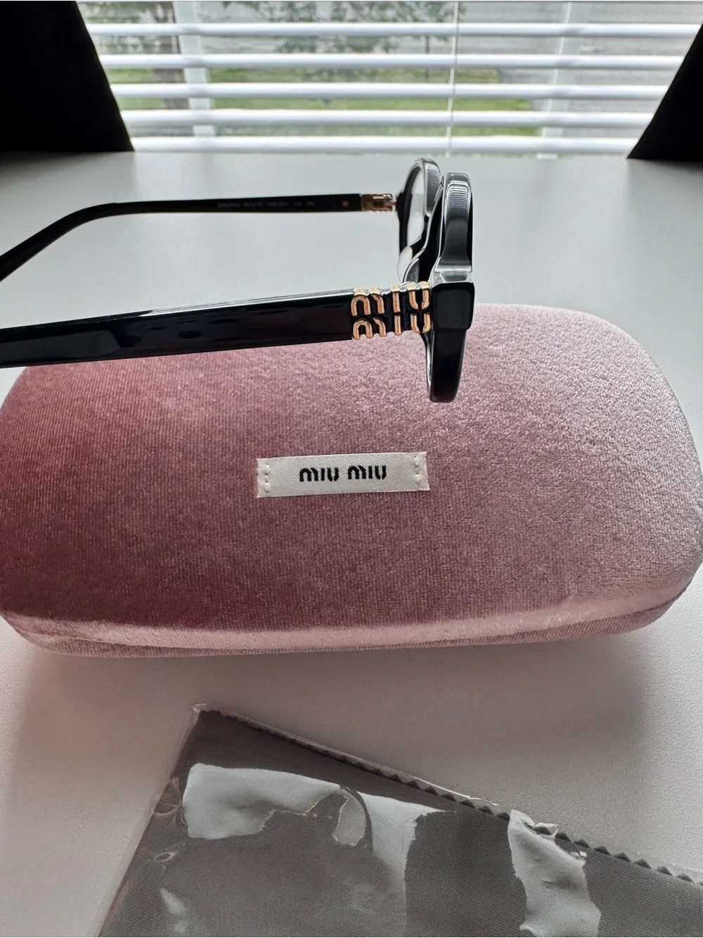Miu Miu Black Round Acetate Glasses with Pink Velvet Case
